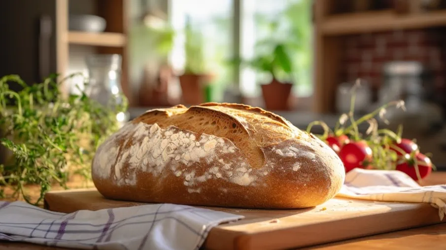 Versgebakken brood in de keuken op broodplank