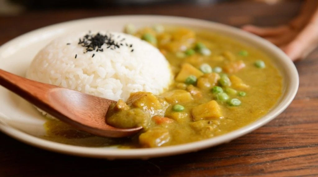 Curry met rijst op een bordje

