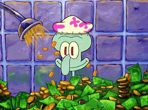 Octo Tentakel van Spongebob in een bad van geld