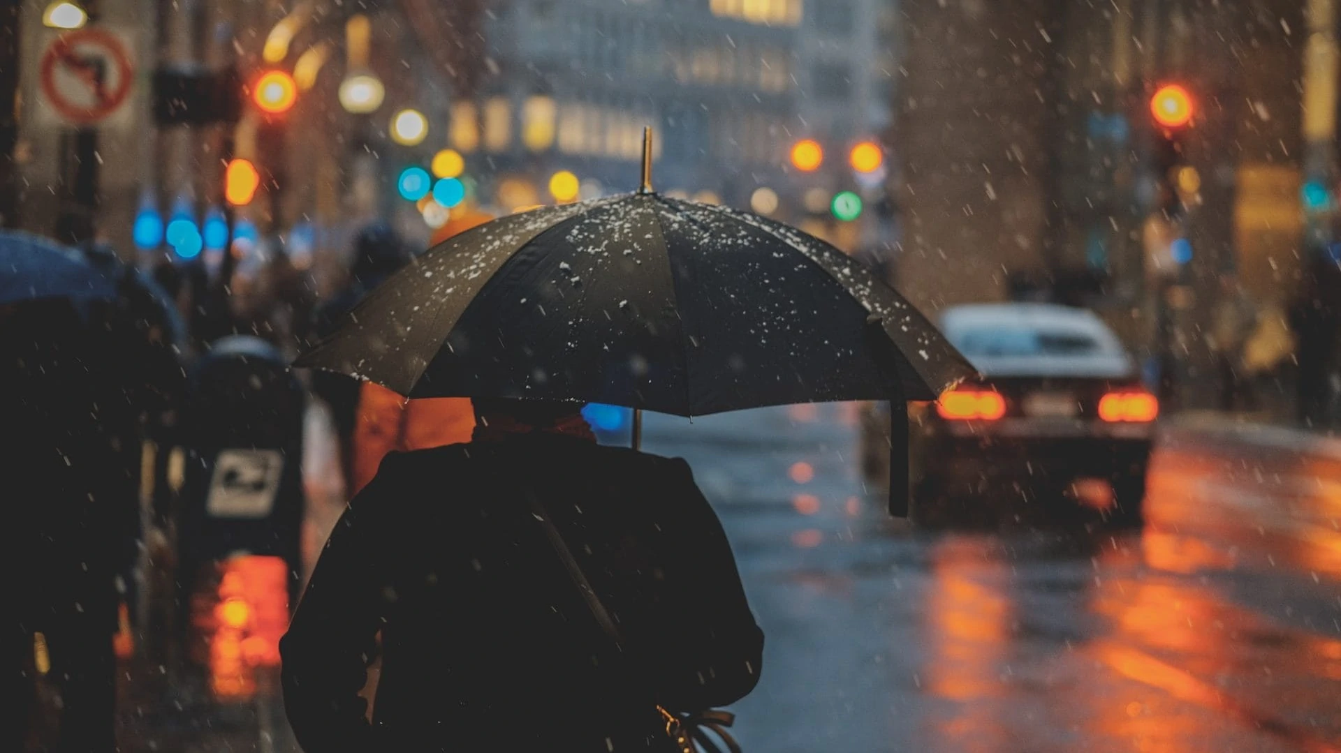 Persoon met paraplu, op straat, achteraanzicht