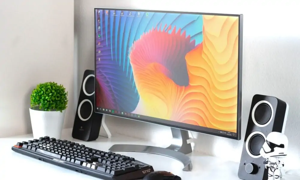 Monitor met toetsenbord, speakers en plantje, schuin vooraanzicht