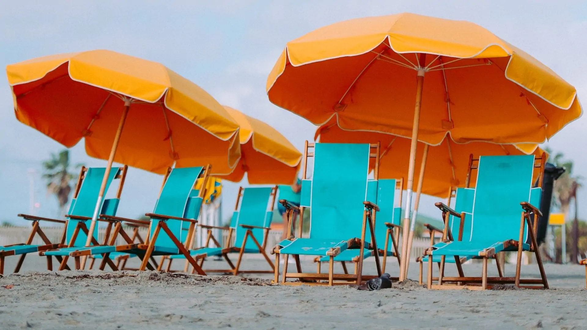 Oranje parasols met groene strandstoelen, vooraanzicht
