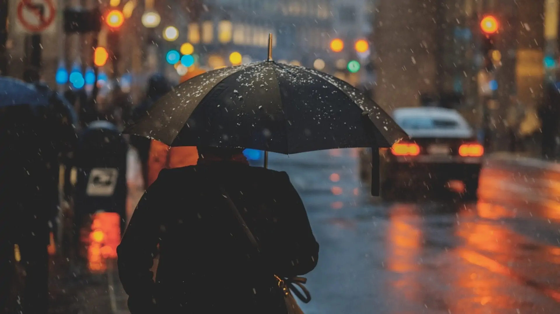 Persoon met paraplu in drukke straat, achterzijde
