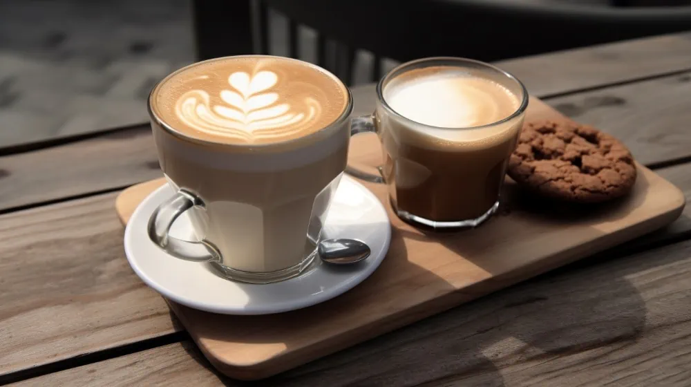 latte macchiato naast een cappuccino in glazen kopjes met een koekje ernaast op een houten tafel