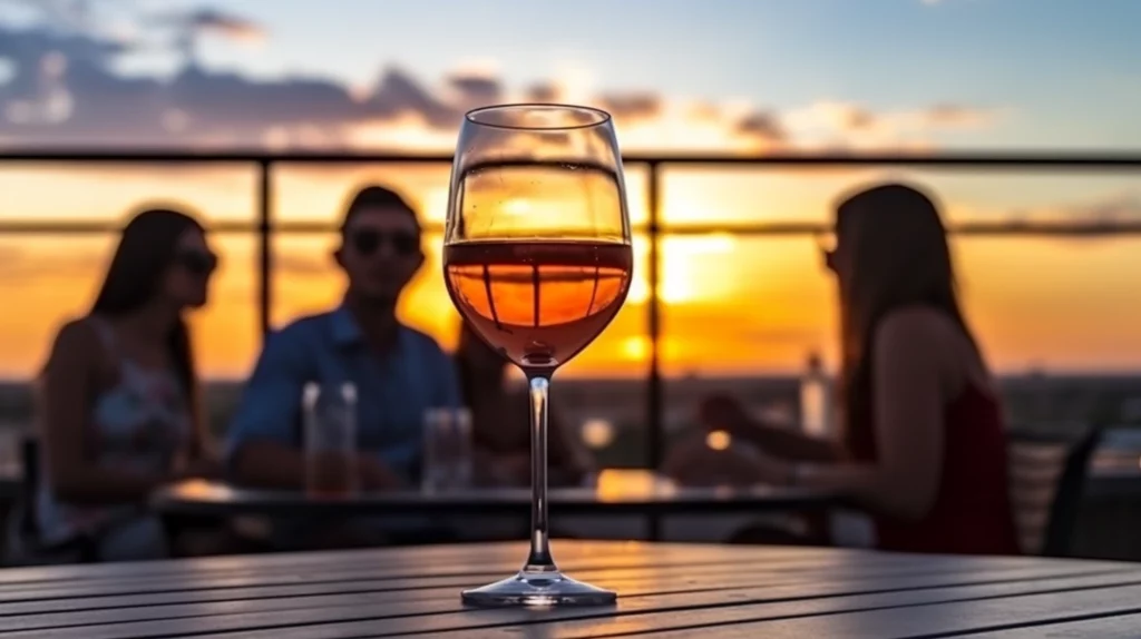zomeravond met glas wijn op tafel en lachende mensen in de achtergrond
