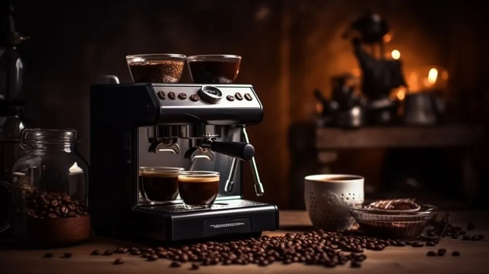 Koffiemachine met een kop koffie, koffiebonen op tafel, sfeervolle kaarslichtjes op de achtergrond. 