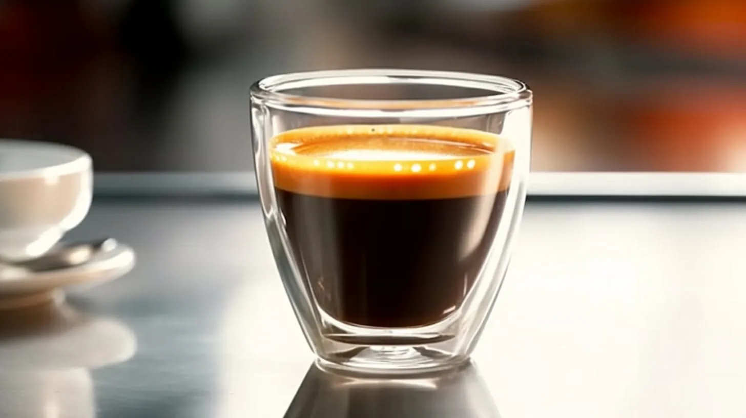Dubbele espresso in glas op tafel, vooraanzicht