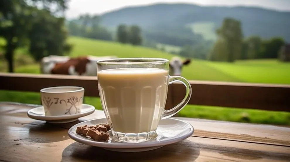 Glas met melk en koekjes op een bordje met koeien en bergen op de achtergrond. 