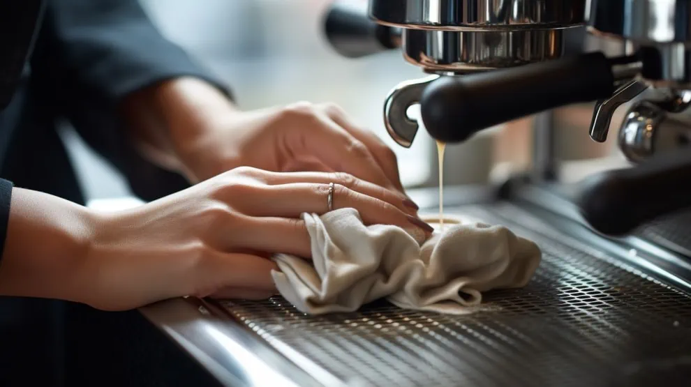Close-up van twee handen met een doekje die een espressomachine schoonmaken. 