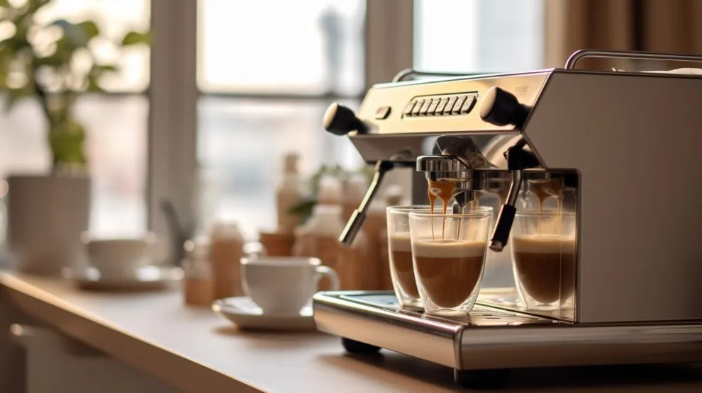Een espressomachine met twee gevulde kopjes koffie eronder. 