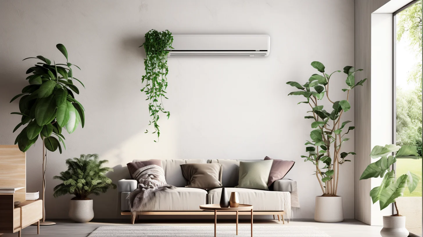 airco hangt boven een zitbank in moderne, natuurlijke verlichte woonkamer