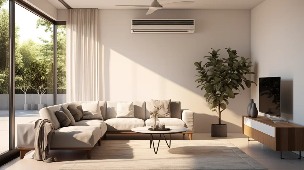 airconditioning in moderne woonkamer aan de muur boven hoekbank