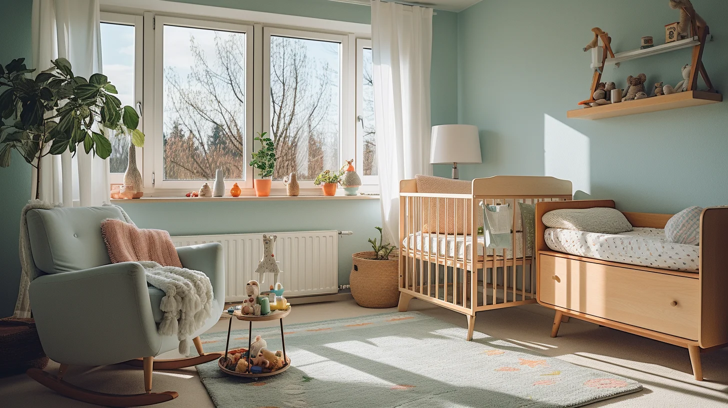 Babykamer met blauwe muren en een groot raam.
