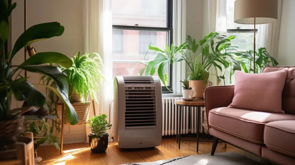 Mobiele airco in een woonkamer met planten eromheen.