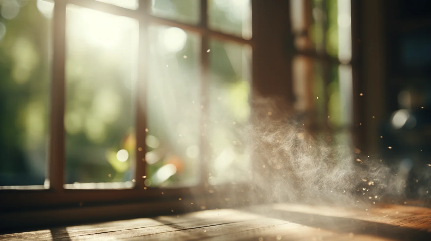 stofdeeltjes zichtbaar door de zon die in een huis door het raam naar binnen schijnt