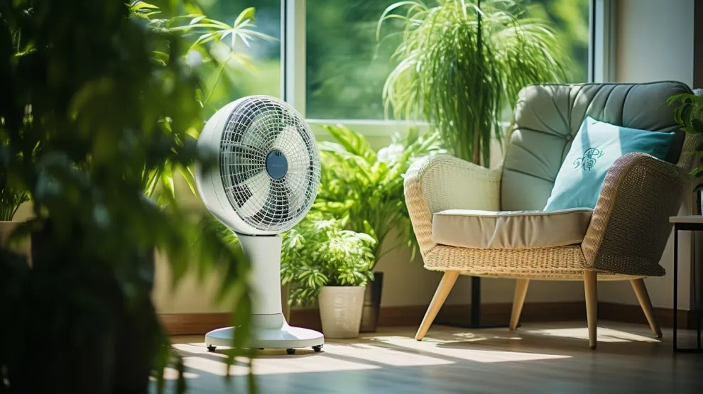 Ventilator in een woonkamer met planten en een stoel. 