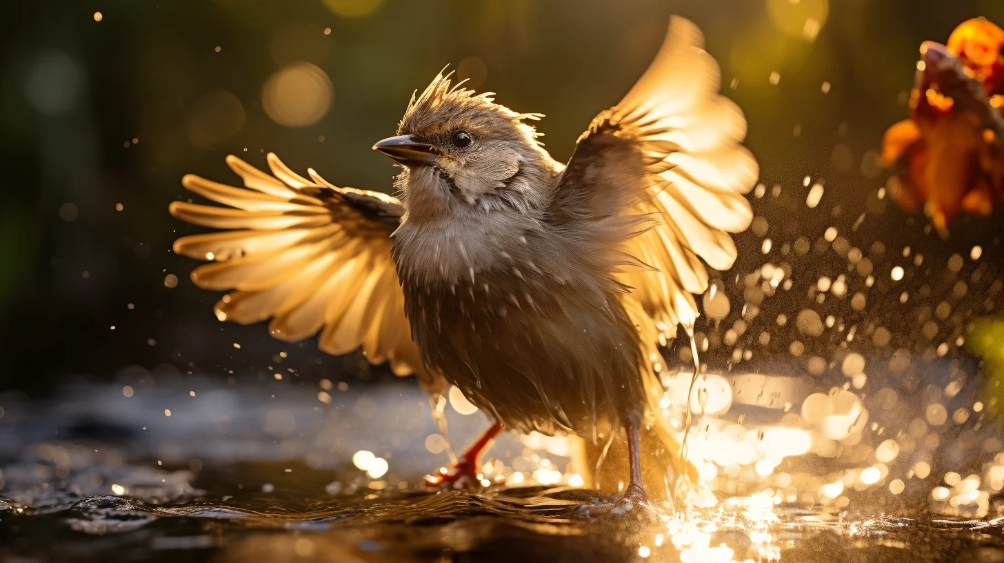 kleine vogel met vleugels gespreid in een plas water