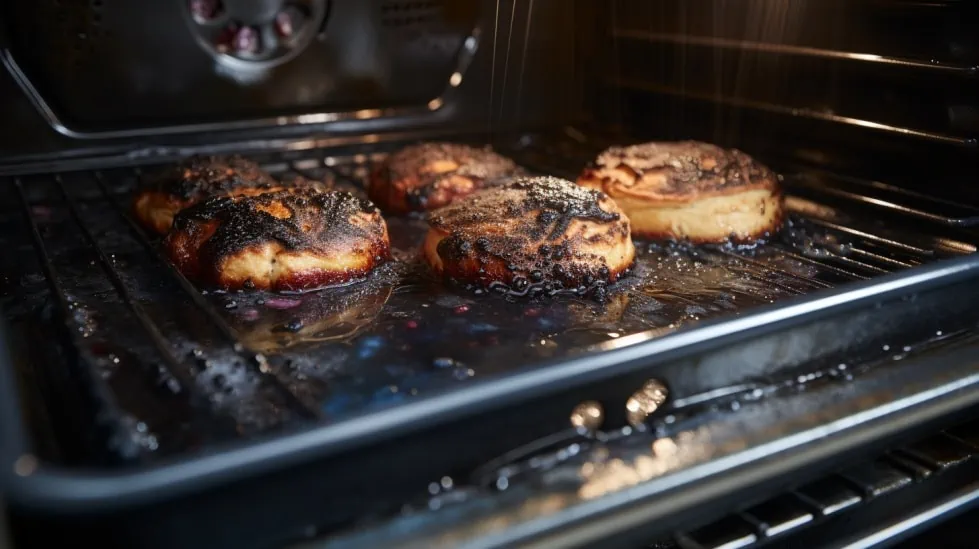 Aangekoekte en verbrande resten in een oven. 