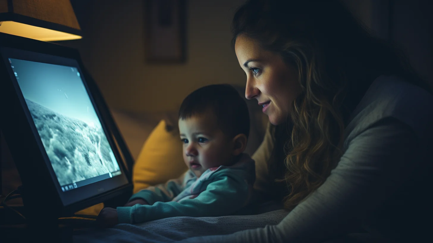 Vrouw en kindje kijken naar computerscherm