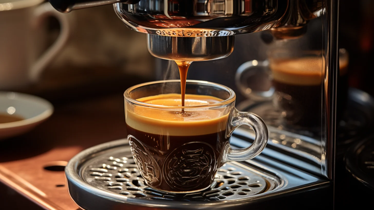 Kopje koffie wordt gevuld met koffie door een apparaat.