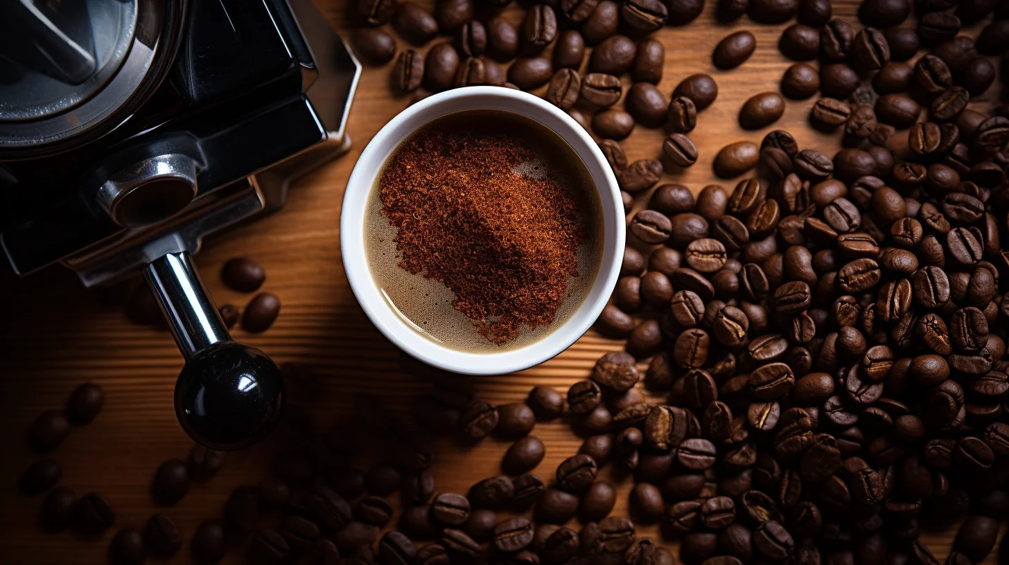 Kopje koffie met koffiebonen en een koffieapparaat ernaast.
