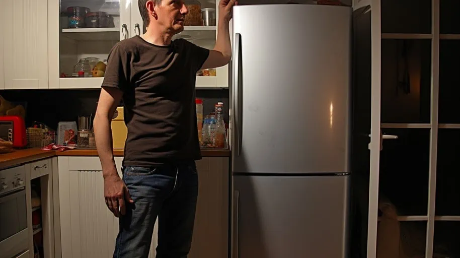 Man naast koelkast in keuken