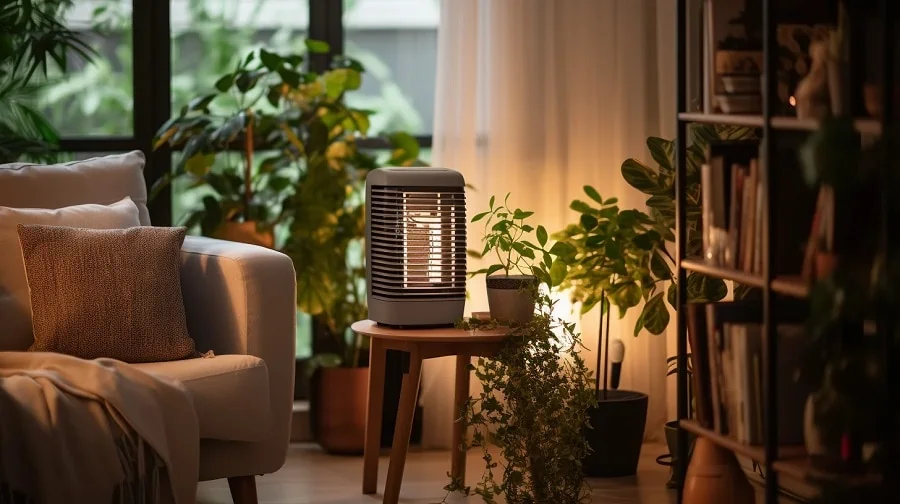 Moderne aircooler in een woonkamer met een veel planten.