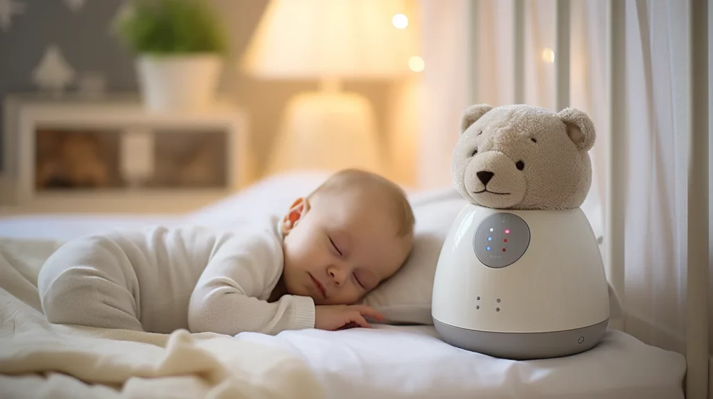 moderne draadloze babyfoon in goed verlichte kinderkamer legt zowel audio als video vast van rustig slapende baby