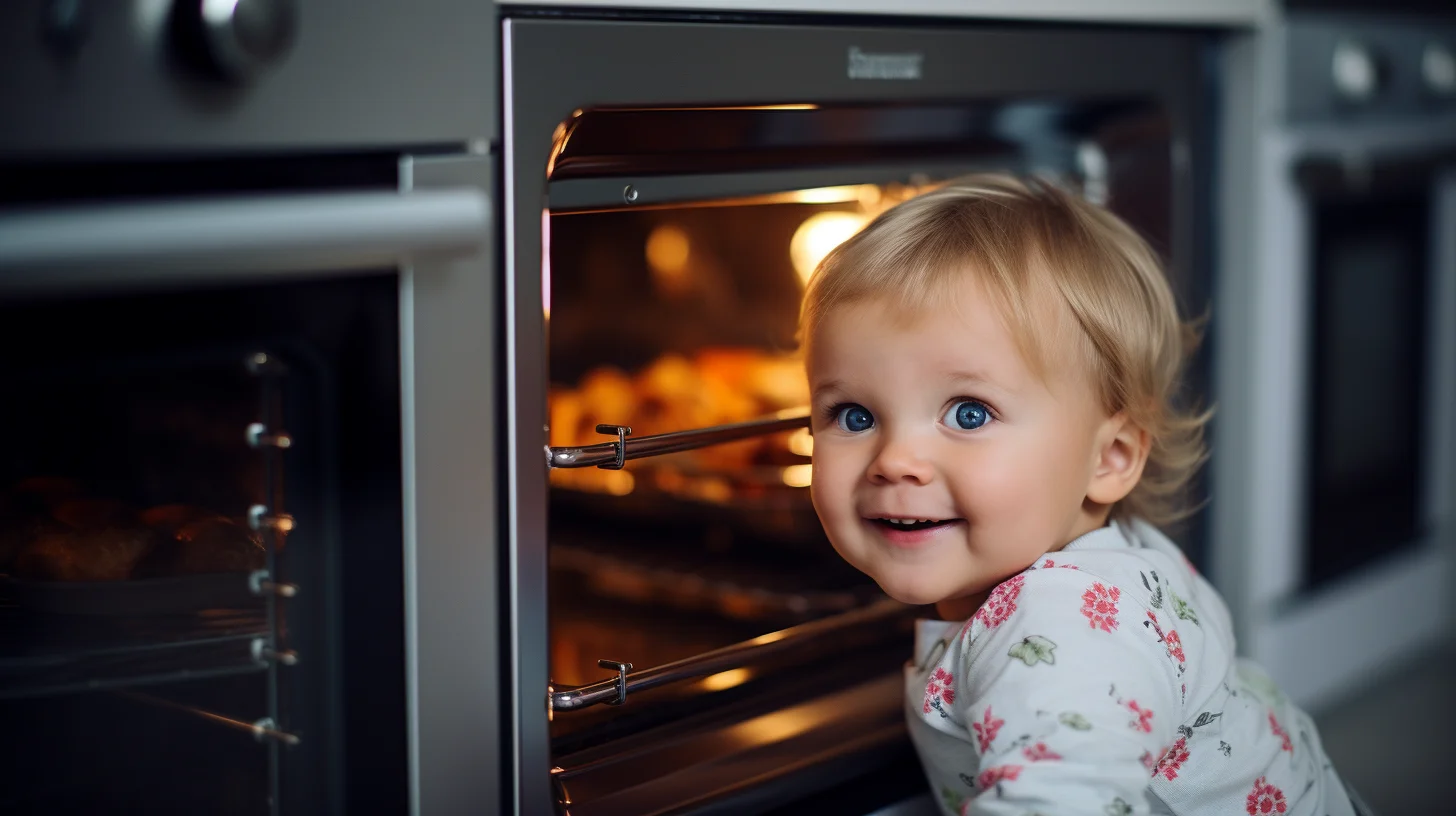 baby staat naast een oven