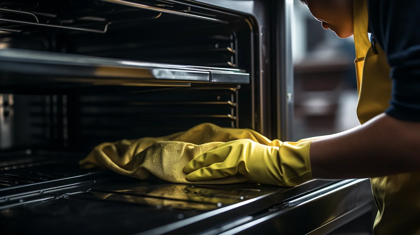 Vrouw met handschoenen maakt oven schoon