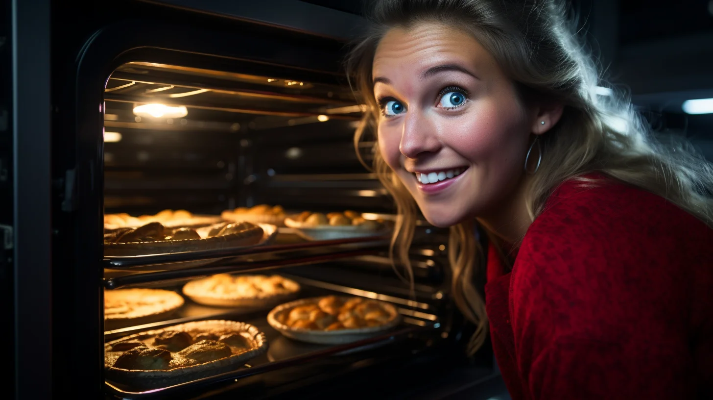 persoon kijkt blij naast open oven met gerechten erin