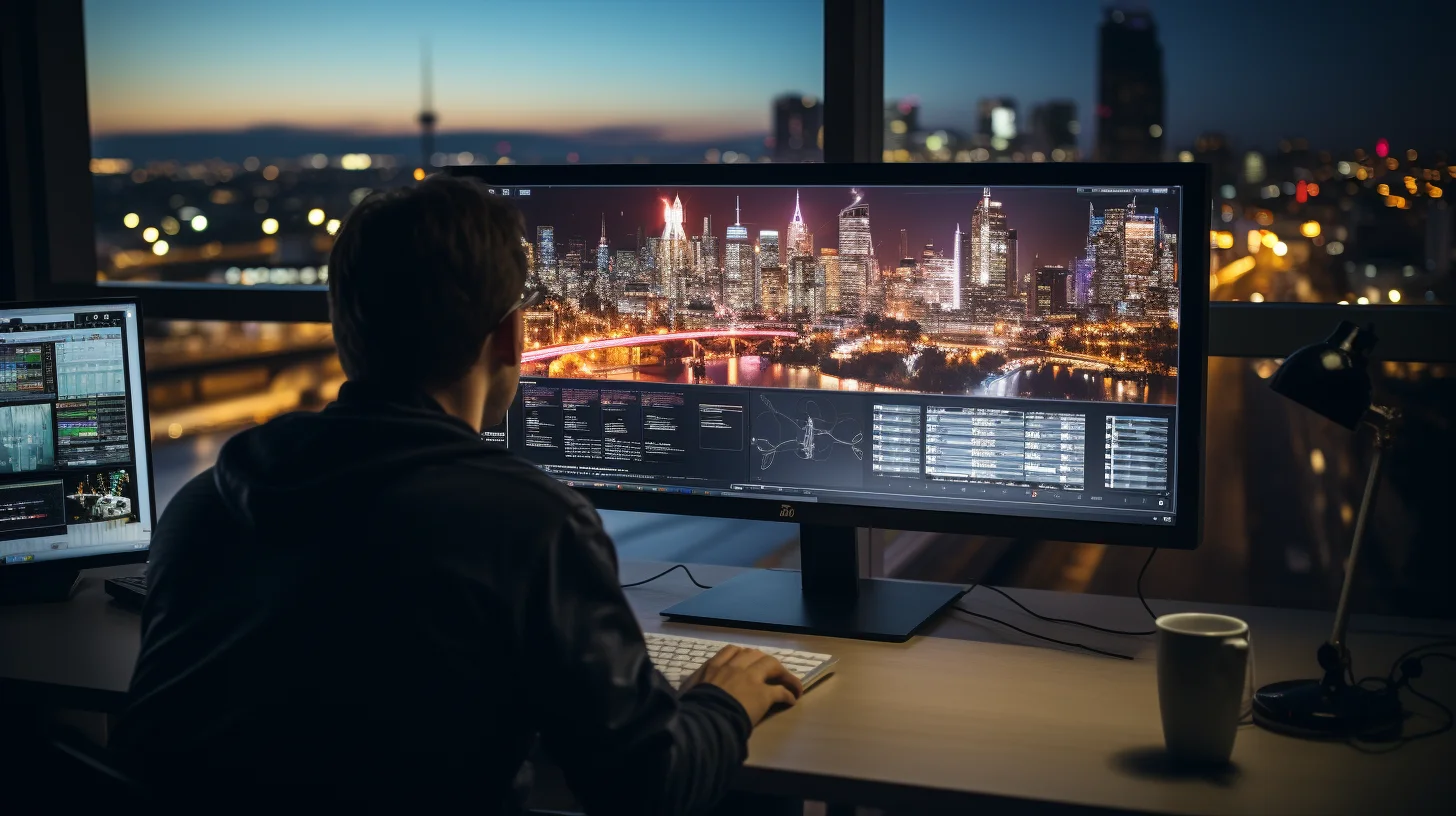 persoon achter breedbeeld monitor met skyline zichtbaar op het scherm