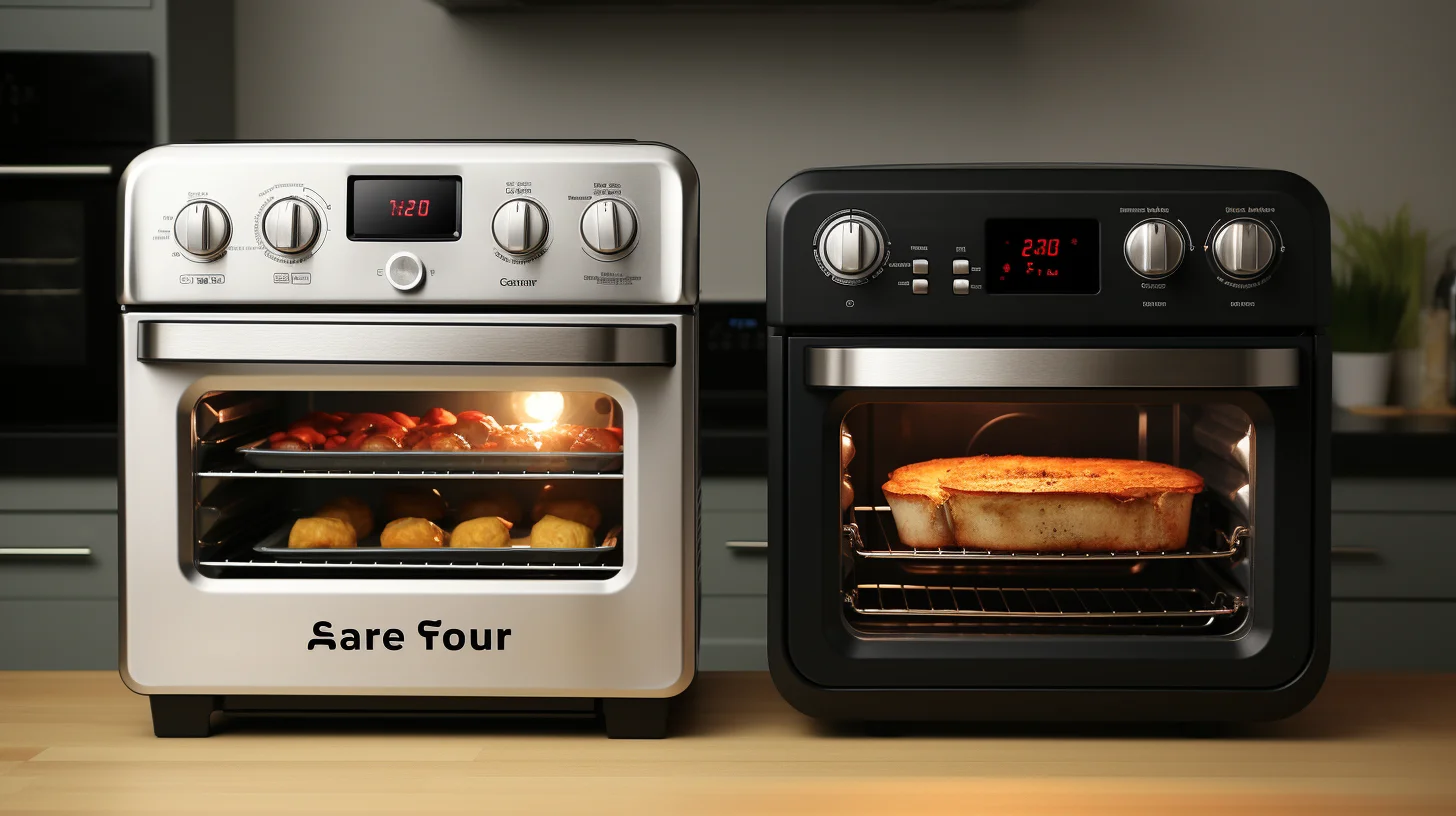 Twee ovens gevuld met eten naast elkaar.