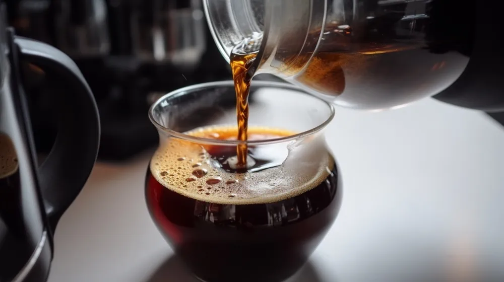filterkoffie wordt in een glazen beker geschonken