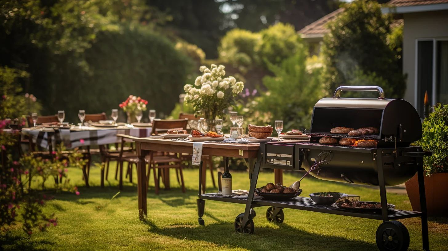 Tuin met prachtig gedekte tafels en een barbecue waarop vlees ligt, omgeven door groen en kleurrijke bloemen.