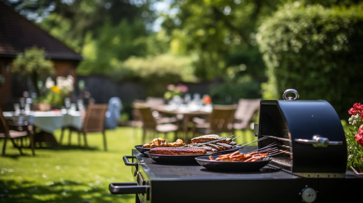 Een grote barbecue met borden waarop stukken vlees liggen in een tuin met veel groen, gedekte tafels en stoelen op de achtergrond. 