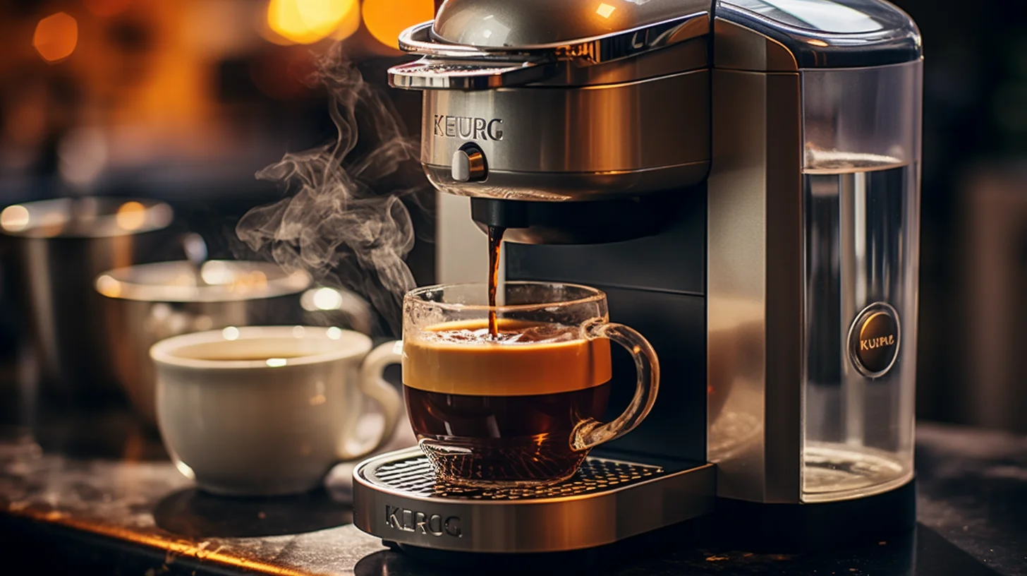 Een kopje koffie wordt gezet onder een koffiezetapparaat.