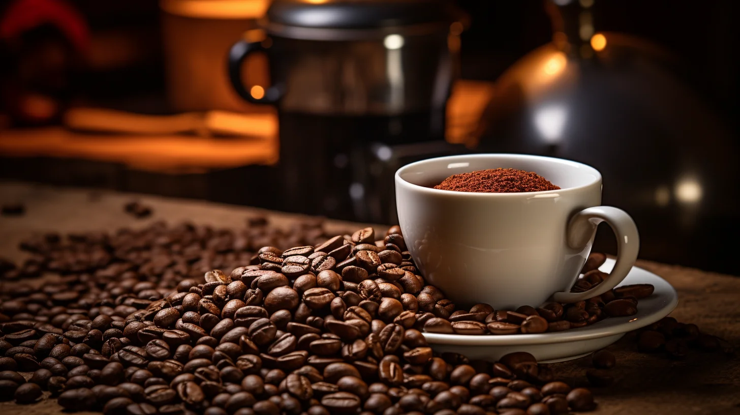 Close-up van koffiepoeder in een koffiekopje met koffiebonen en een handmatige koffiemolen op de achtergrond.