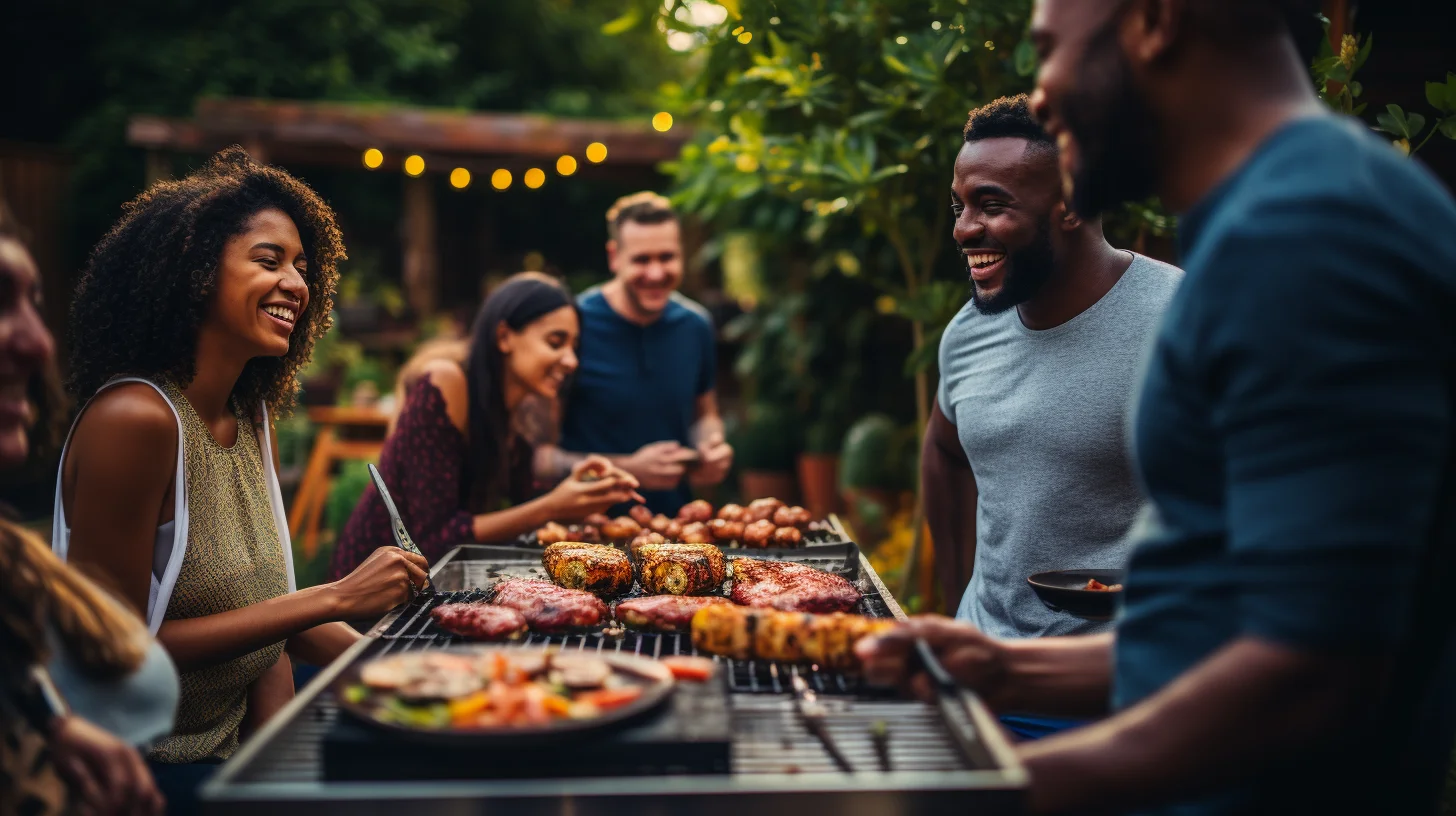 Groep lachende mensen staat om een barbecue met verschillende stukken vlees en groente. 