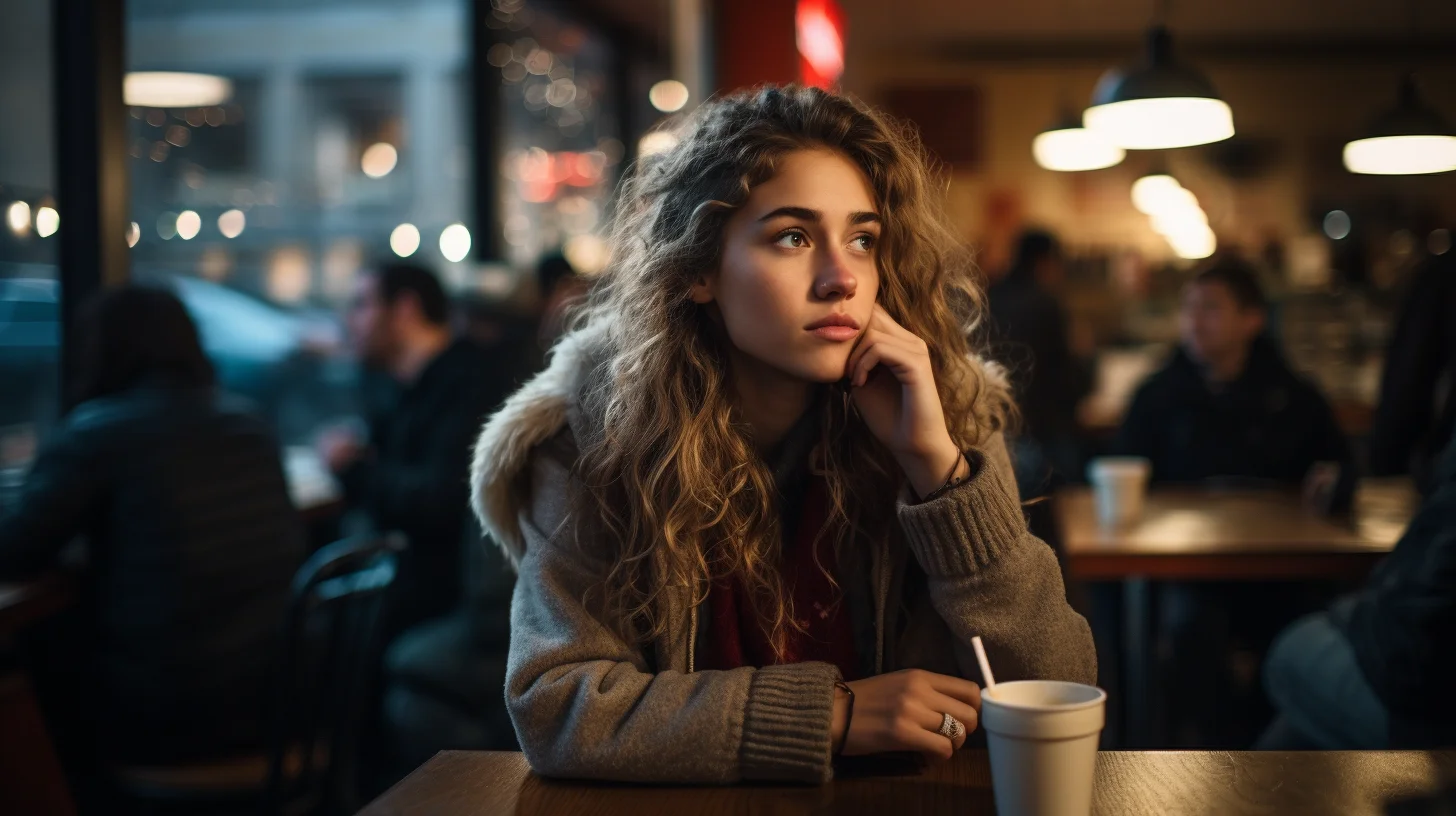 Een vrouw zit in een café, staart dromerig voor zich uit met een kopje koffie voor zich op tafel.