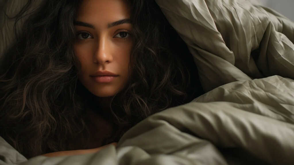 Vrouw in bed onder bruin dekbed