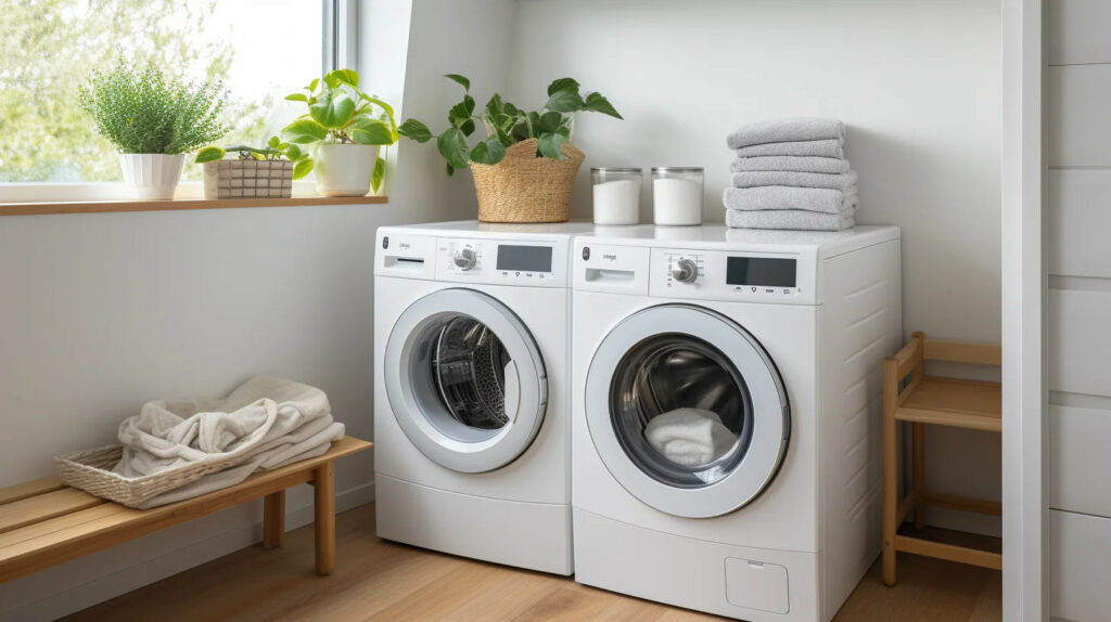 Een wasmachine en wasdroger naast elkaar in een ruimte.
