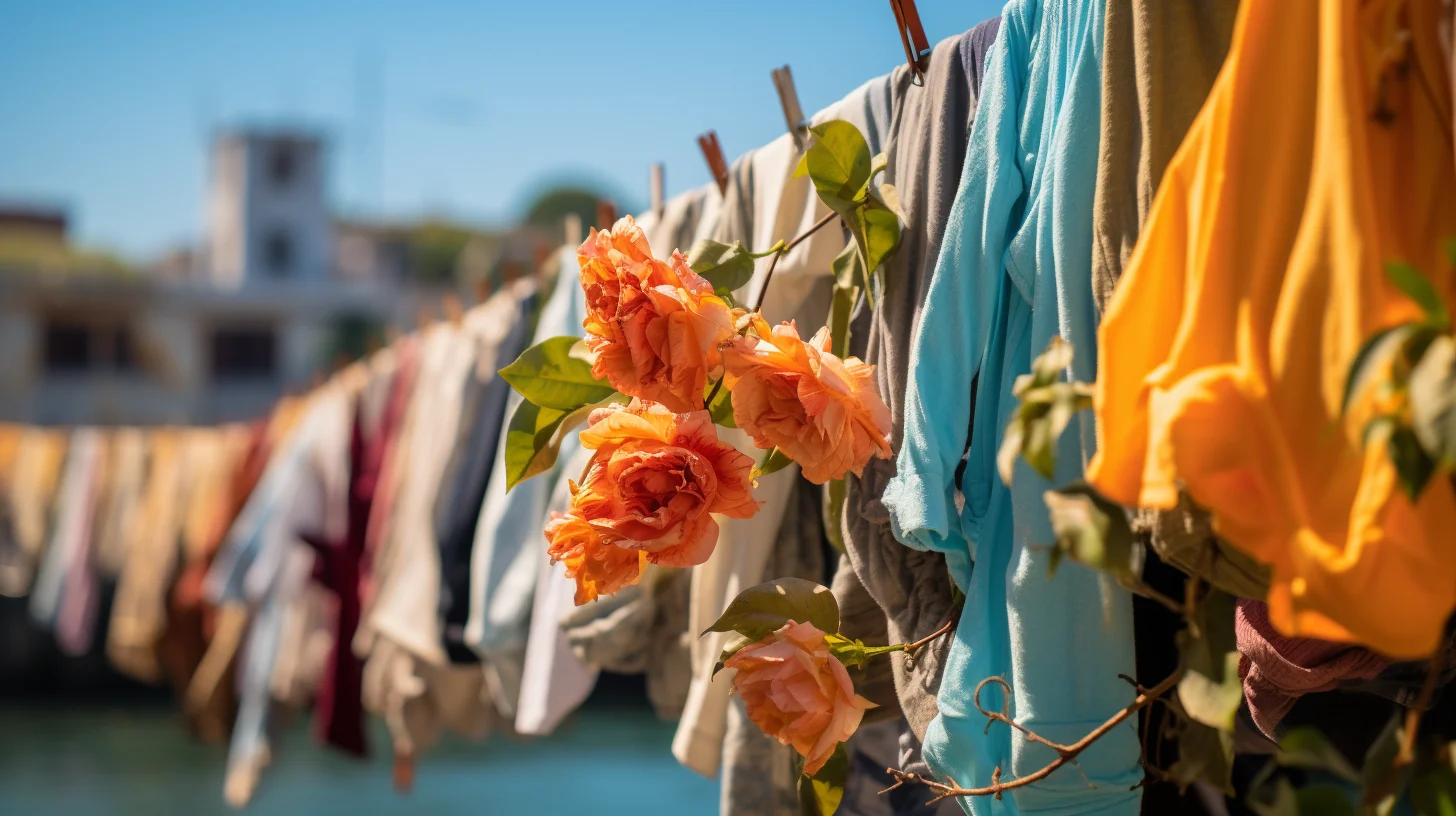 kleding aan een waslijn, bloemen komen tussen de kledingstukken door