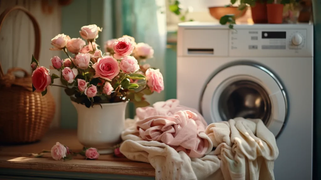 roze rozen in een vaas, naast een stapeltje was, met in de achtergrond een wasmachine