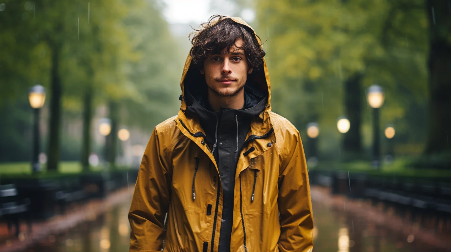 man staat in een park met een gele regenjas aan, terwijl het regent