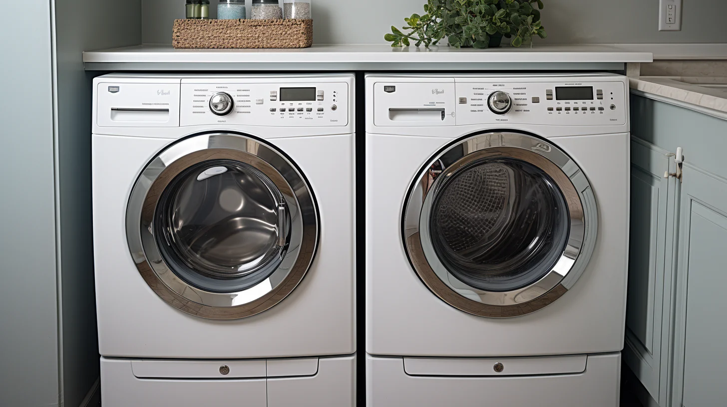 Wasmachine en droger staan naast elkaar in een wasruimte. 
