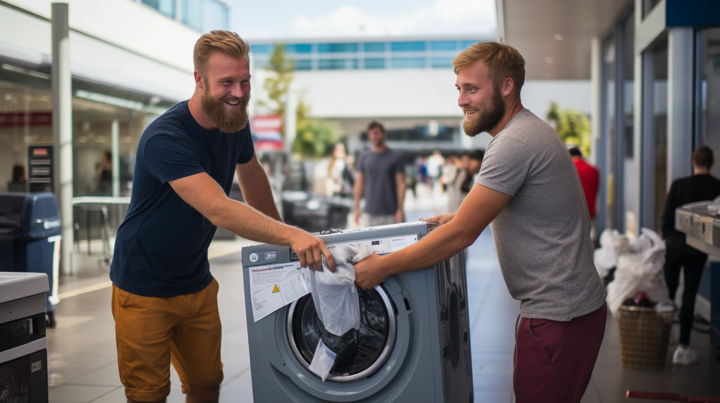 twee mannen verplaatsen een wasmachine