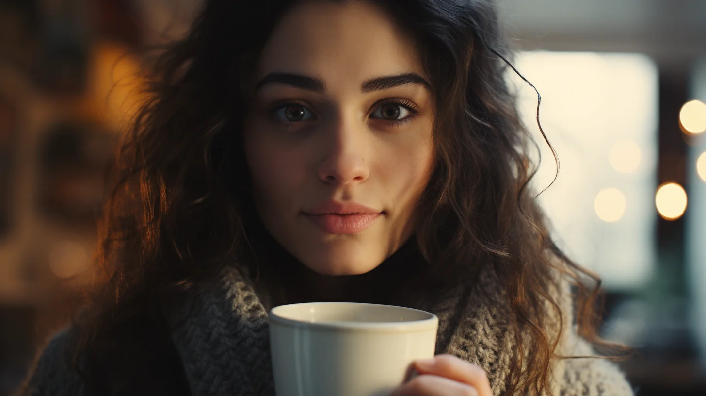 Vrouw kijkt tevreden in de camera met kopje koffie