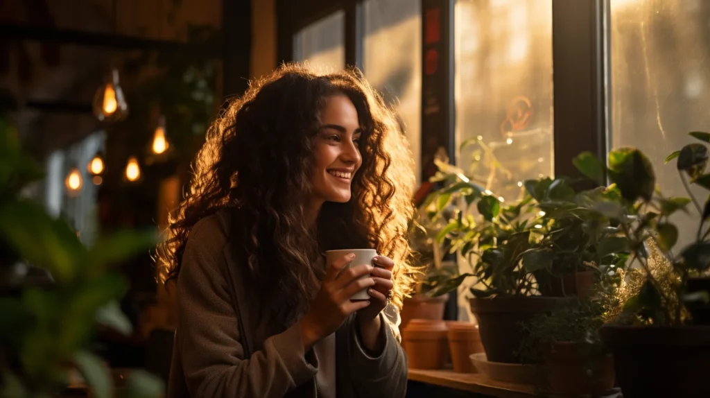 Vrouw kijkt tevreden met kop koffie in hand