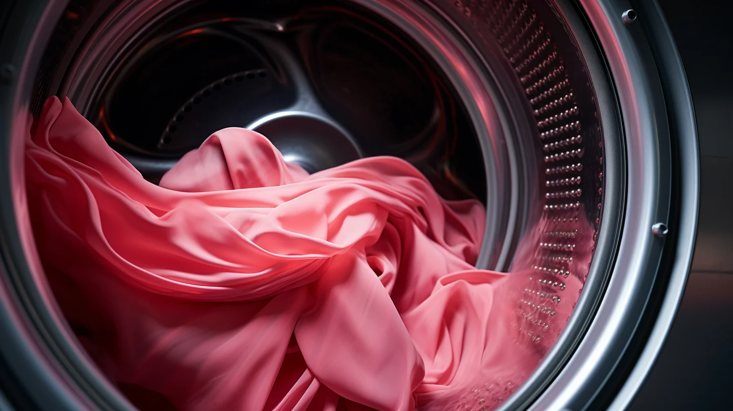 Binnenkant van een wasmachine met een roze kledingstuk erin. 